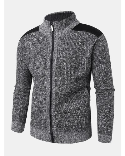 Mens Patchwork Zip Front Knit Patched Sleeve Warm Cardigans