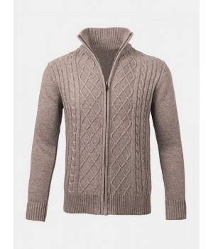 Mens Solid Color Cable Knitting Zipper Long Sleeve Warm Cardigans