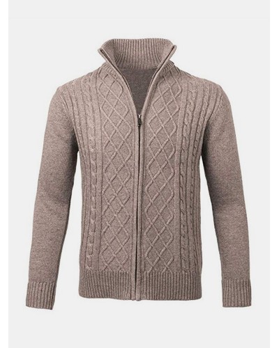 Mens Solid Color Cable Knitting Zipper Long Sleeve Warm Cardigans