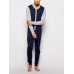 Mens Patchwork Colorblock Round Neck Button Up Long Sleeve Comfy Home Jumpsuit Pajamas