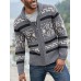 Mens Ethnic Print Zipper Knitted Casual Slim Fit Long Sleeve Cardigan Sweater