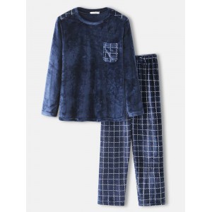 Mens Winter Flannel Plaid Round Neck Tops Loose Pants Thick Home Lounge Pajamas Set