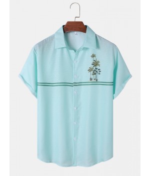 Men Palm Tree Stitching Front Button Soft Breathable All Matched Skin Friendly Shirts