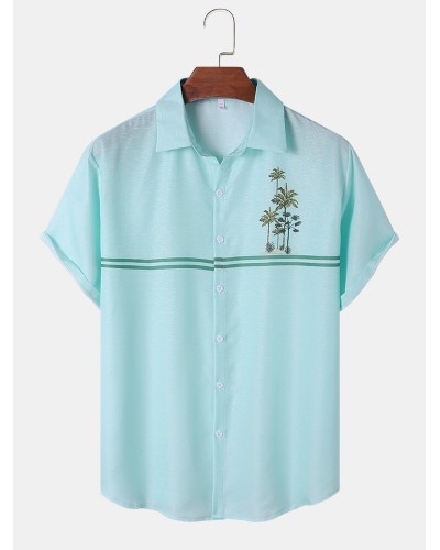 Men Palm Tree Stitching Front Button Soft Breathable All Matched Skin Friendly Shirts