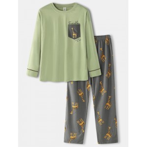 Mens Cartoon Giraffe Letter Print Drop Shoulder Cotton Cozy Pajamas Sets