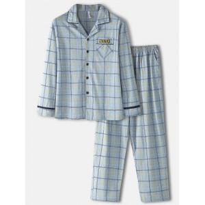 Mens Grid Letter Print Revere Collar Cotton Comfy Pajamas Sets With Pocket