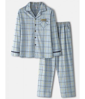 Mens Grid Letter Print Revere Collar Cotton Comfy Pajamas Sets With Pocket