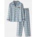 Mens Grid Letter Print Revere Collar Cotton Comfy Pajamas Sets With Pocket