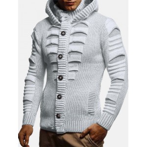 Mens Solid Color Long Sleeve Knitting Hooded Sweater Cardigans