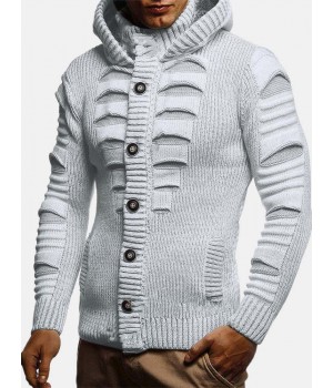 Mens Solid Color Long Sleeve Knitting Hooded Sweater Cardigans