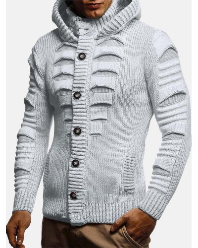 Mens Solid Color Long Sleeve Knitting Hooded Sweater Cardigans