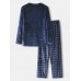 Mens Winter Flannel Plaid Round Neck Tops Loose Pants Thick Home Lounge Pajamas Set