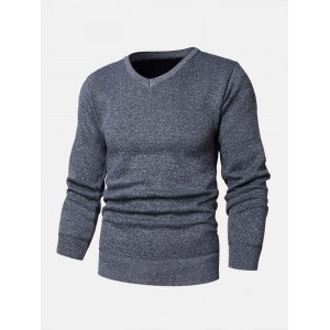 Mens Basic Solid Color V  Neck Knitted Casual Long Sleeve Sweater