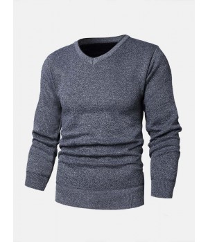 Mens Basic Solid Color V  Neck Knitted Casual Long Sleeve Sweater