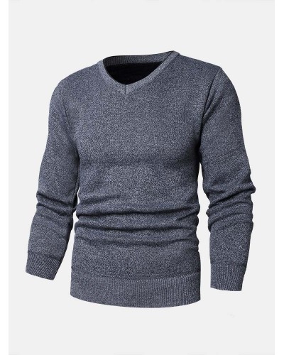 Mens Basic Solid Color V  Neck Knitted Casual Long Sleeve Sweater