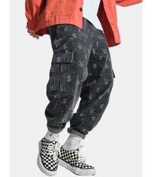 Mens All Over Currency Symbol Print Drawstring Denim Cargo Pants