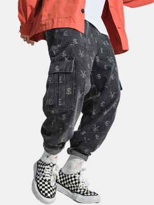 Mens All Over Currency Symbol Print Drawstring Denim Cargo Pants