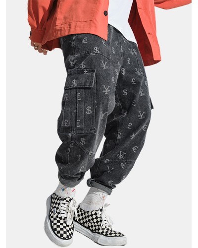 Mens All Over Currency Symbol Print Drawstring Denim Cargo Pants